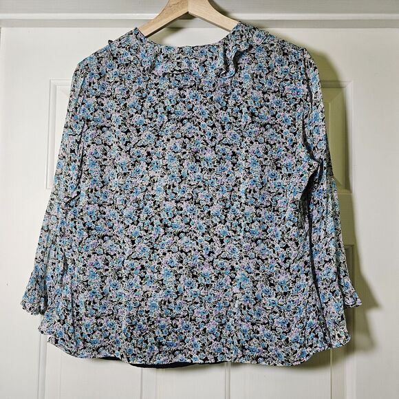 Laura Ashley Top Women's 8 Black Blue Purple Dark Floral Silk Ruffle V-neck - Picture 6 of 8